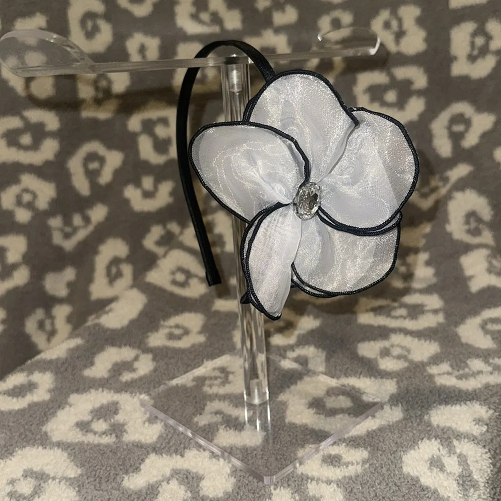Tasha Black Band with Elegant Sheer White Flower with Clear Rhinestone Headband - Picture 9 of 17